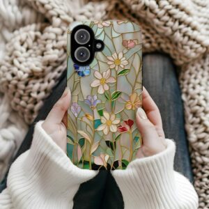 Floral Stained Glass Effect iPhone 16 Pro Plus 15 14 13 Pro Max Plus Cases | Rose Gold and Pastel Colored Wildflowers | Samsung s24, Pixel 9