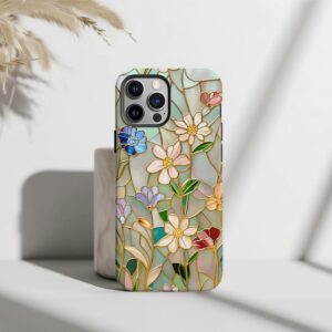 Floral Stained Glass Effect Magsafe Phone Case | iPhone 16 Pro Plus 15 14 13 Pro Max Mini | Rose Gold and Pastel Colored Wildflowers
