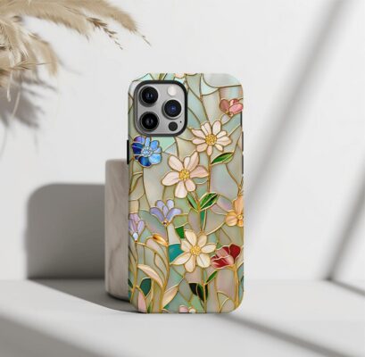 Floral Stained Glass Effect Magsafe Phone Case | iPhone 16 Pro Plus 15 14 13 Pro Max Mini | Rose Gold and Pastel Colored Wildflowers