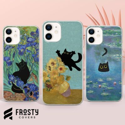 Van Gogh Phone Case Cat Meme Parody Cover for iPhone 16 Pro Max, 15 Plus, 14, 13, 12, 11, XS and Samsung S25, S24, A56, A55, Pixel 9 Pro, 8